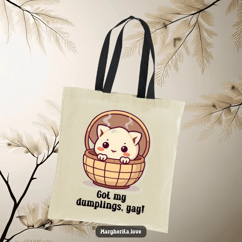 Funny curious dumpling peeking from a steaming basket on a tote bag, ideal for carrying daily necessities.