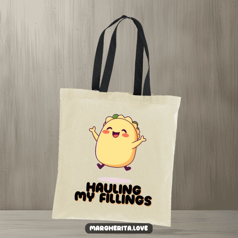 Funny happy taco jump tote bag, showing a plump, joyful taco leaping with energy, perfect for cheerful outings.