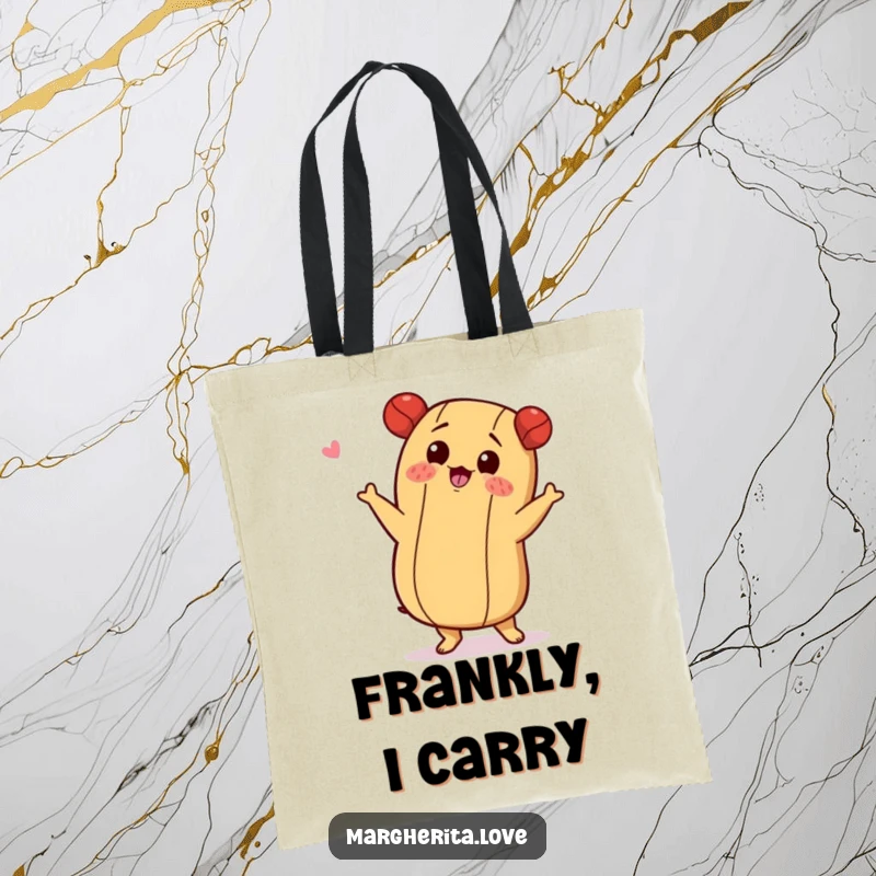 Funny tote bag with a hot dog character doing a playful shimmy, perfect for carrying dance gear.