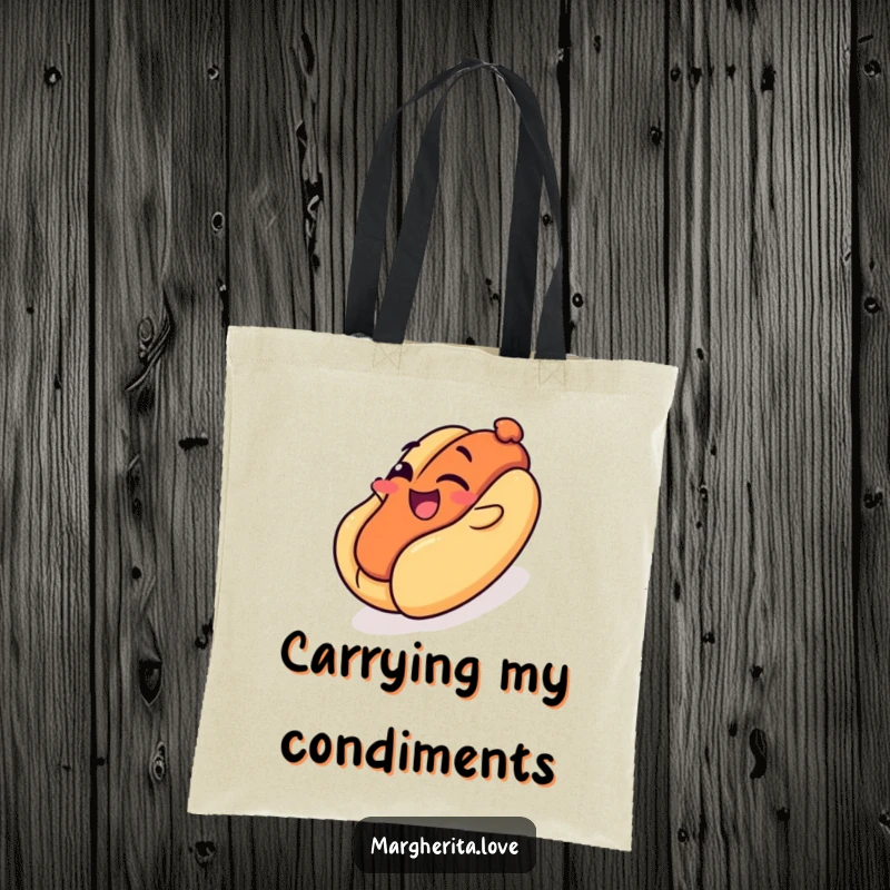 Funny tote bag: A winking hot dog slides down a bun, depicting playful playground fun, a humorous accessory.