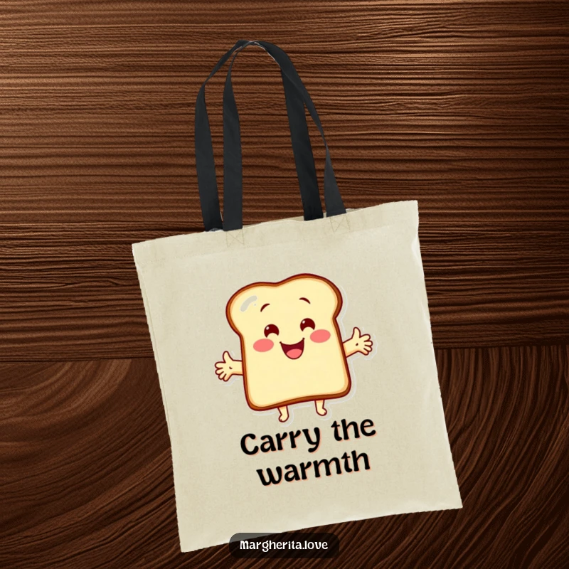 Funny tote bag with a vibrant illustration of a cheerful toast character offering an open-armed hug. A fun and practical accessory.