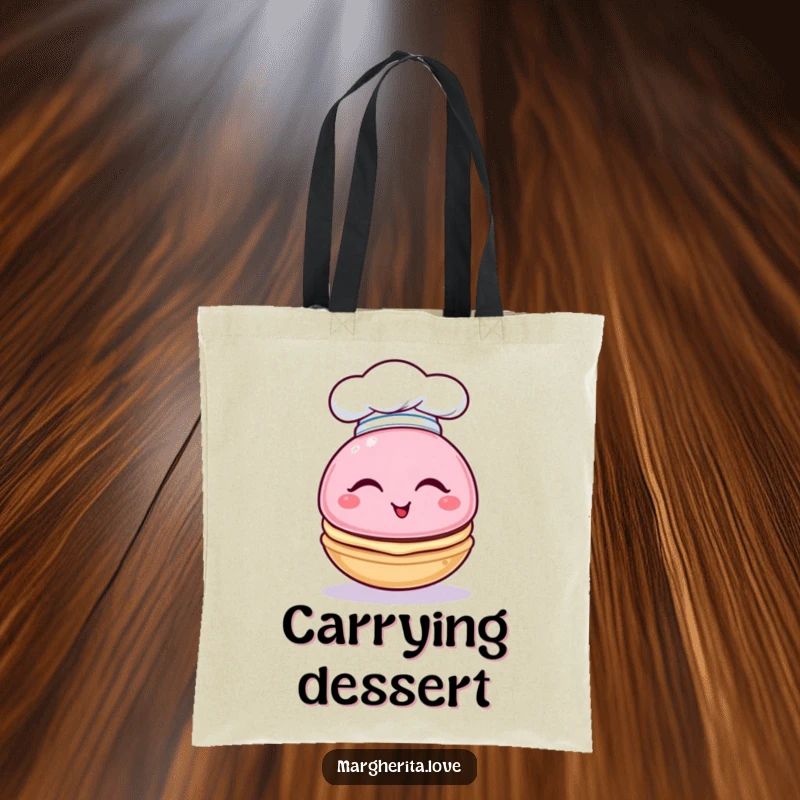 Funny tote bag showcasing a winking macaron character in a tiny chef hat, a sweet and humorous accessory.