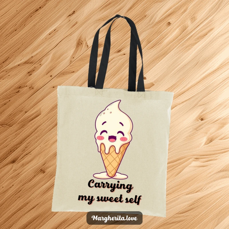 Funny ice cream cone tote bag featuring a surprised character melting happily, ideal for shopping and daily use.