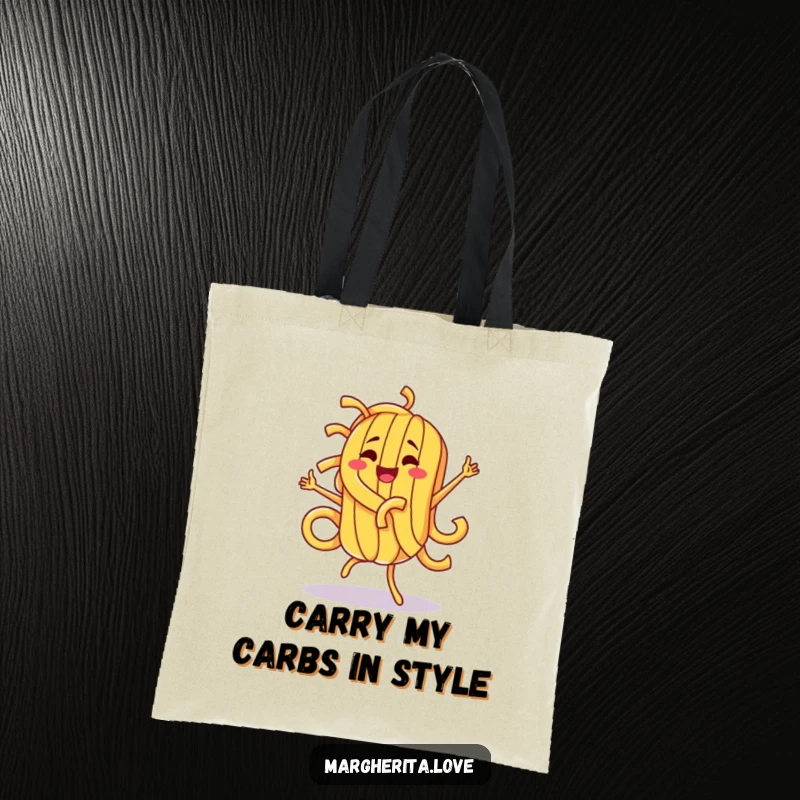 Funny pasta character doing a vibrant, silly dance, showcased on a practical tote bag for grocery shopping and daily use.
