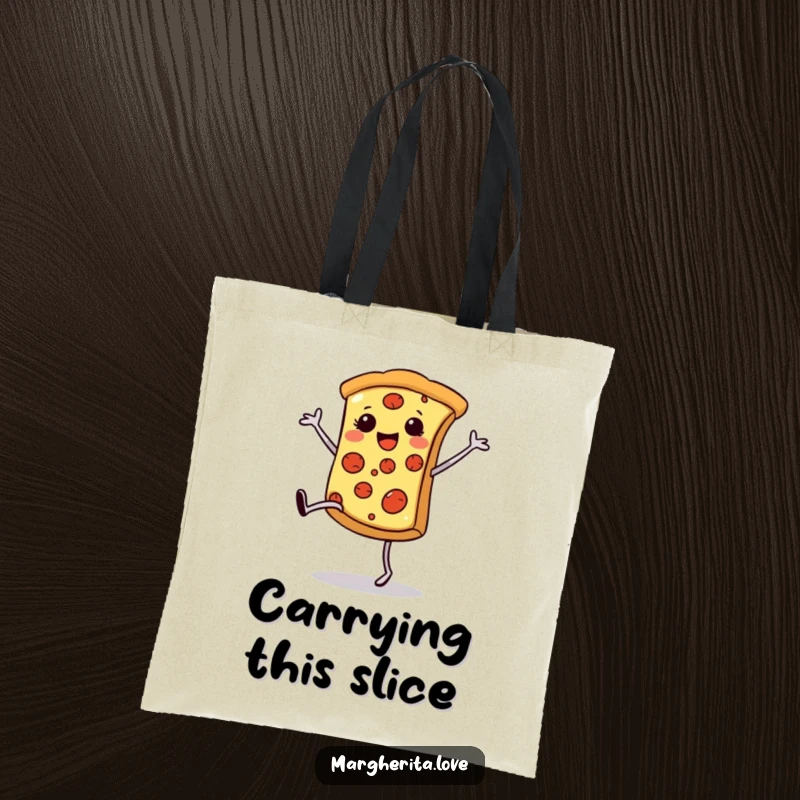 Funny pizza cartwheel tote bag, showing a happy pizza slice doing a cartwheel, great for carrying groceries humorously.