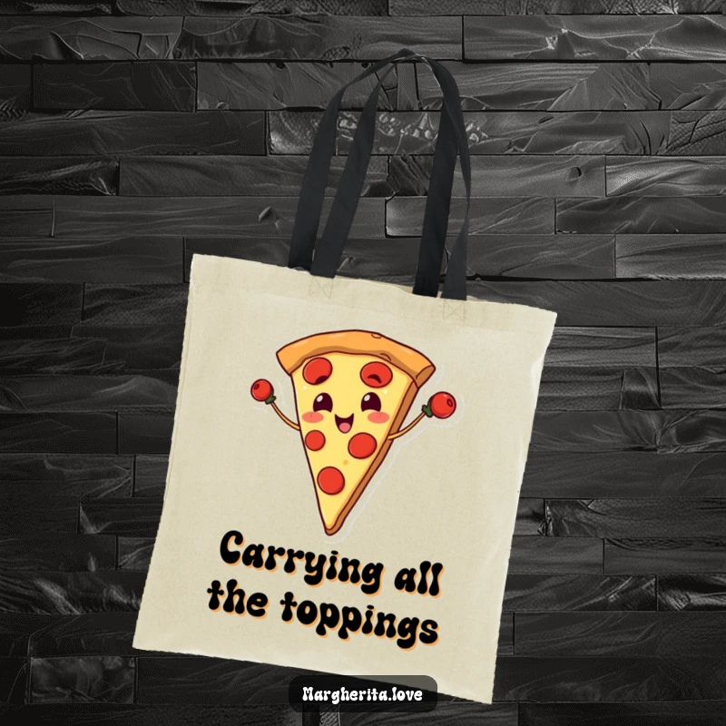 Funny tote bag with a smiling pizza slice skillfully juggling pepperoni, perfect for carrying groceries or daily essentials.
