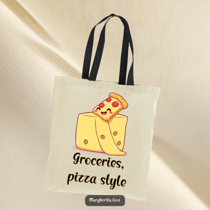 Smiling pizza slice sliding down a melted cheese strand, printed on a stylish tote bag.
