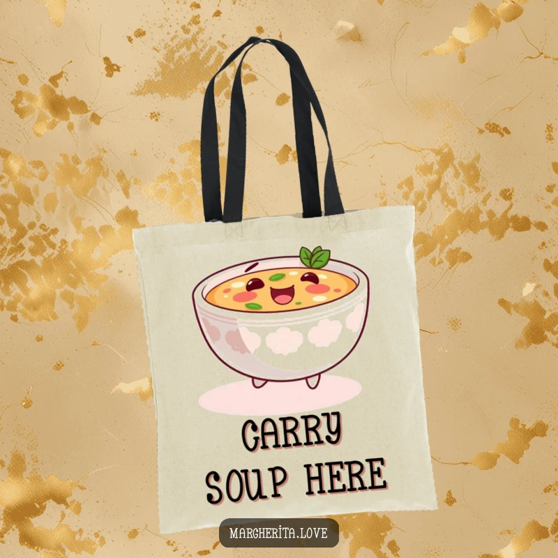 Funny soup skip tote bag showing a content bowl of soup doing a happy skip, a perfect accessory for carrying items with comfort and humor.