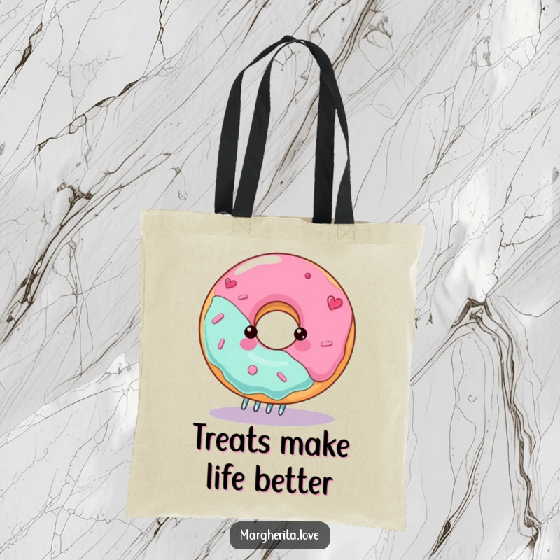 Funny donut tote bag featuring a gleeful character spinning on a fork, ideal for shopping and daily use.