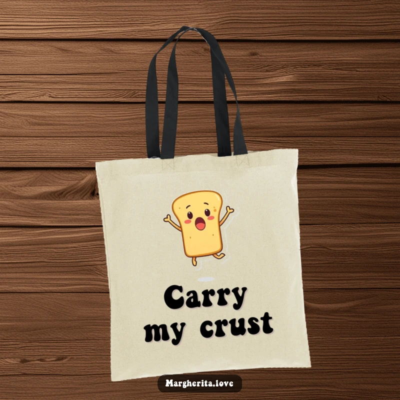 Funny tote bag with a surprised breadstick character leaping joyfully, perfect for carrying items with a side of bakery humor.