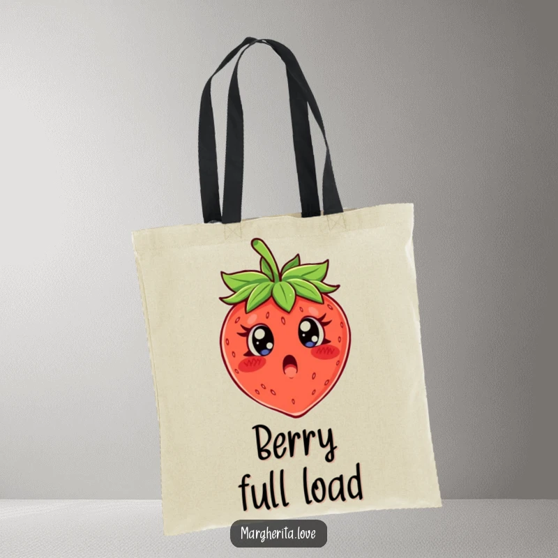 Funny tote bag with a shocked, wide-eyed strawberry character, perfect for carrying groceries or giggles.