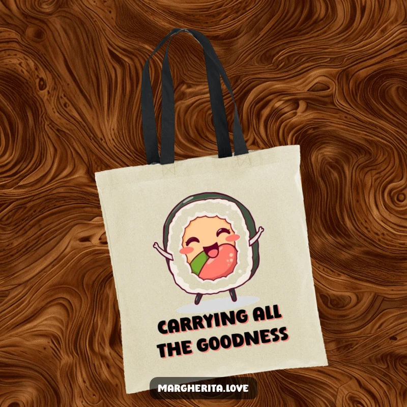 Funny sushi roll tote bag featuring a delighted character dancing, great for shopping and everyday use.