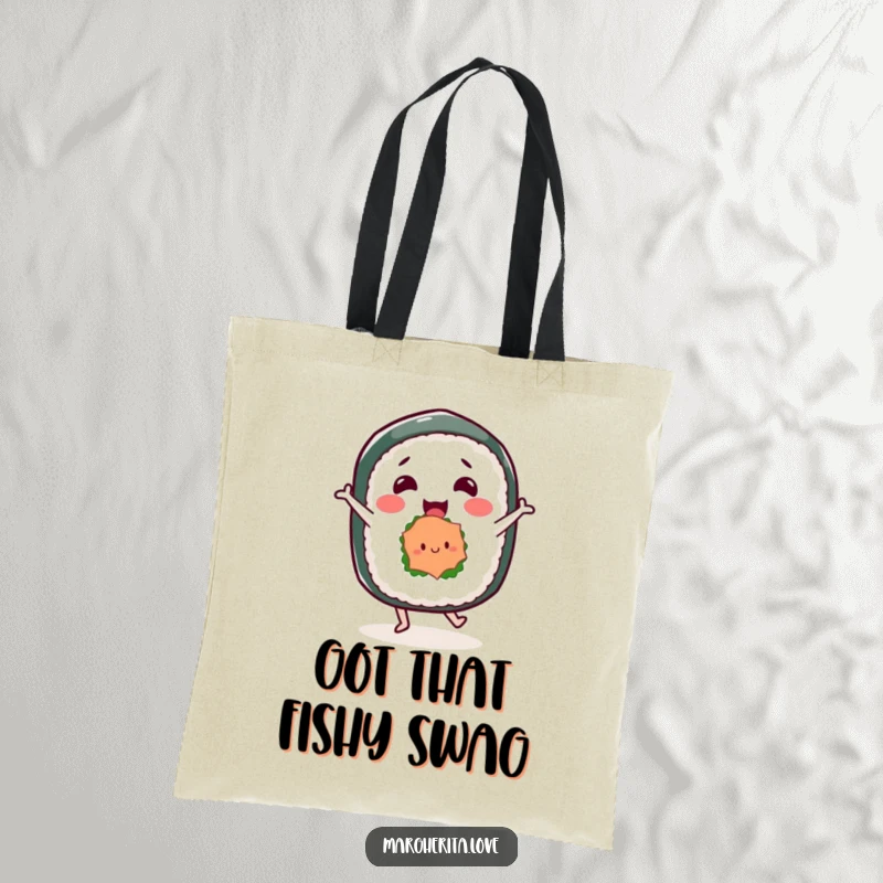 Funny tote bag with a happy sushi roll character dancing joyfully, perfect for carrying groceries with a side of Japanese humor.