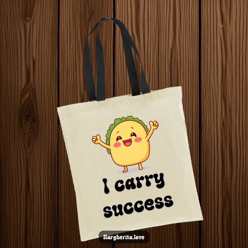 Funny tote bag with a grinning taco doing a jubilant victory dance, perfect for carrying essentials with a smile.