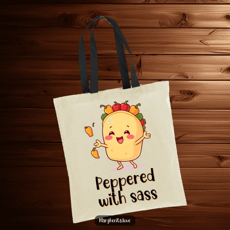 Funny tote bag featuring a gleeful taco mascot energetically juggling small bell peppers, a vibrant and humorous accessory.