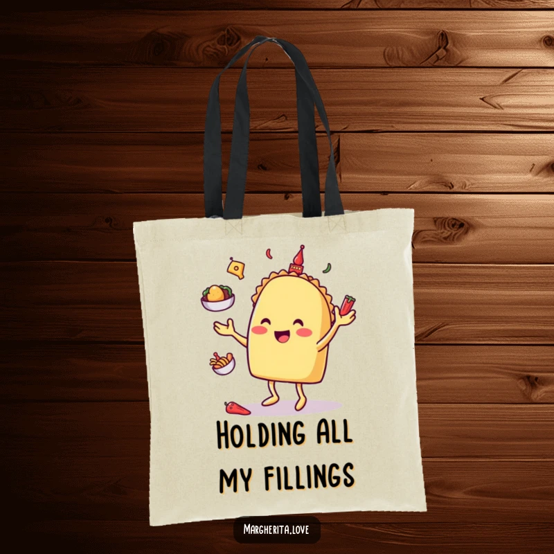 Funny taco character juggling toppings, on a durable and humorous tote bag for everyday use and taco enthusiasts.