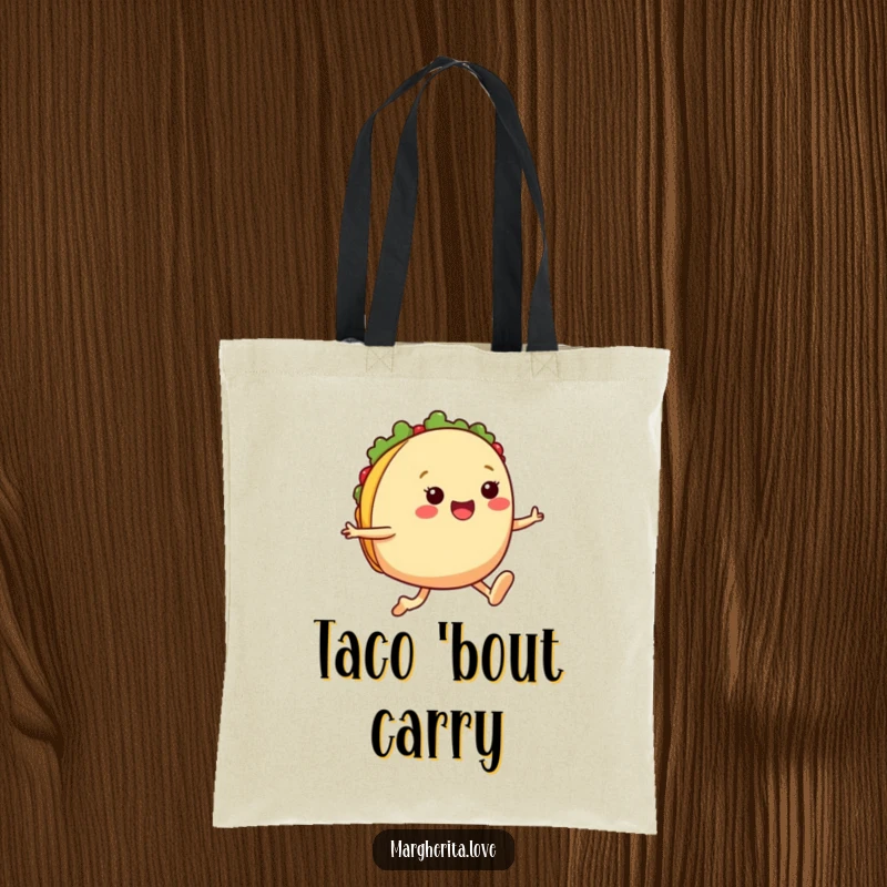 Funny taco jump tote bag showing a cheerful taco with legs leaping joyfully, a perfect accessory for carrying items with a humorous twist.