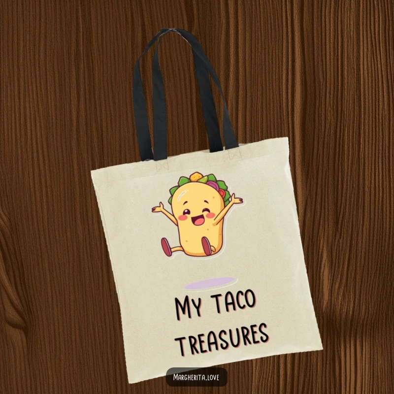 Jaunty taco person doing an excited cartwheel, printed on a stylish tote bag.