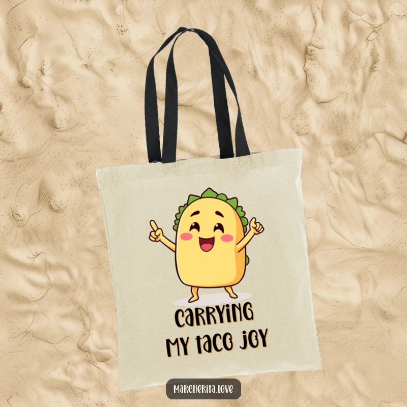 Funny tote bag featuring a grinning taco with arms doing a victory dance, perfect for carrying groceries with a festive touch, funny gift.