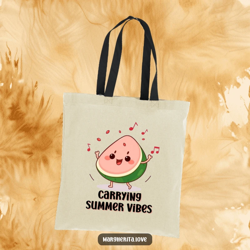 Funny tote bag: A slice of watermelon grooves to music, seeds playfully popping, a cheerful and vibrant accessory.