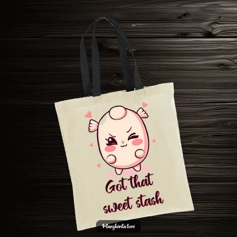 Funny candy tote bag with a mischievous candy character winking, ideal for stylish and humorous everyday use.