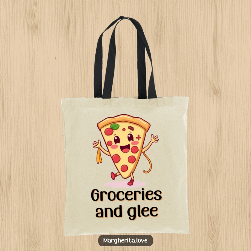 Funny tote bag illustrating a smiling pizza slice character dancing enthusiastically with a pasta noodle, celebrating tasty treats.