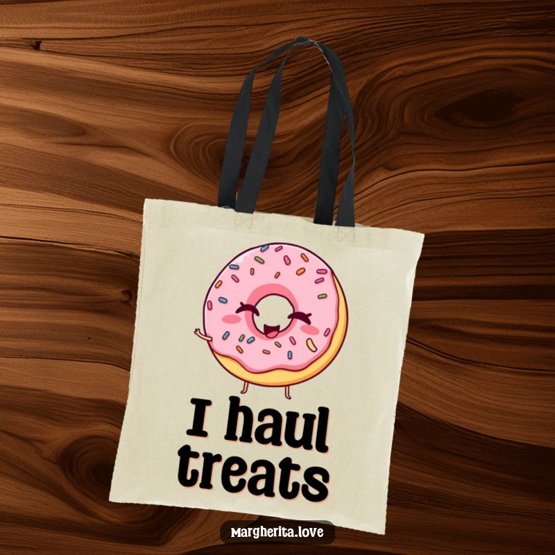 Funny tote bag with a winking donut and sprinkles striking a silly pose, perfect for carrying daily essentials.