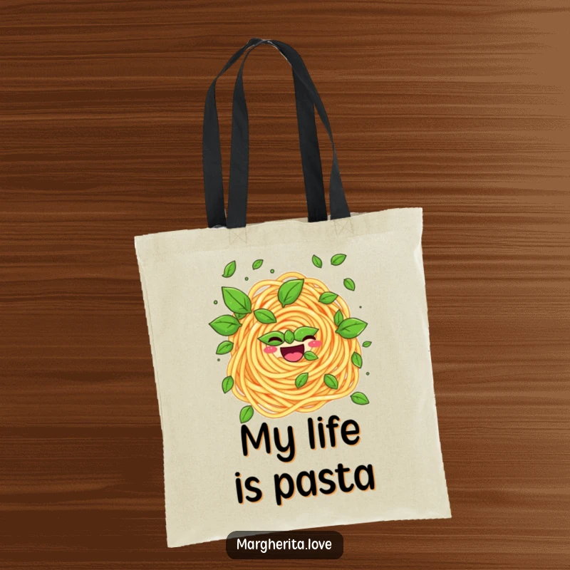 Funny tote bag illustrating a cheerful pasta swirl juggling basil leaves, a functional and humorous accessory.