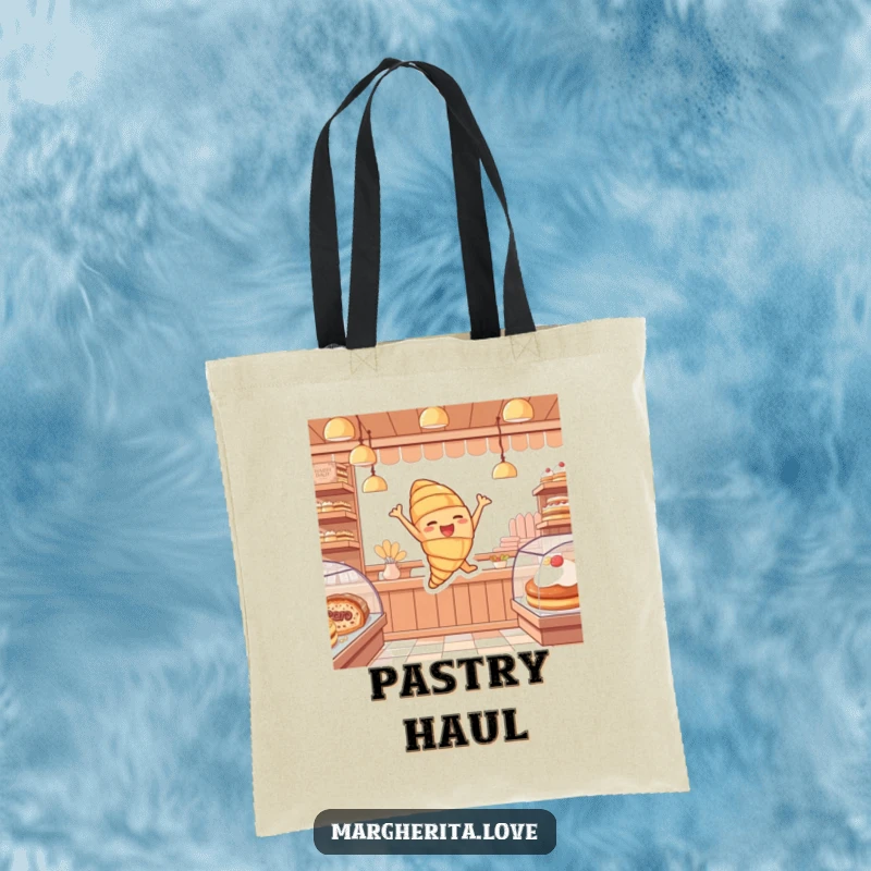 Funny tote bag illustrating a cheerful croissant character in a joyful leap, perfect for carrying treats and smiles.