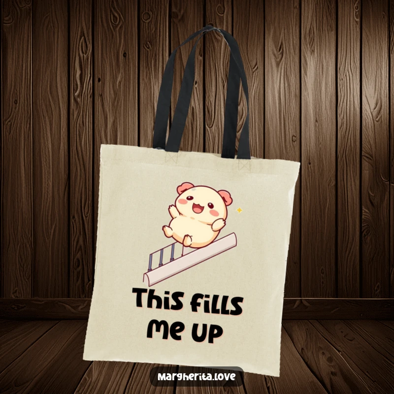 Funny tote bag featuring a jolly dumpling character gleefully sliding down a banister, ideal for carrying essentials with a humorous, playful flair.